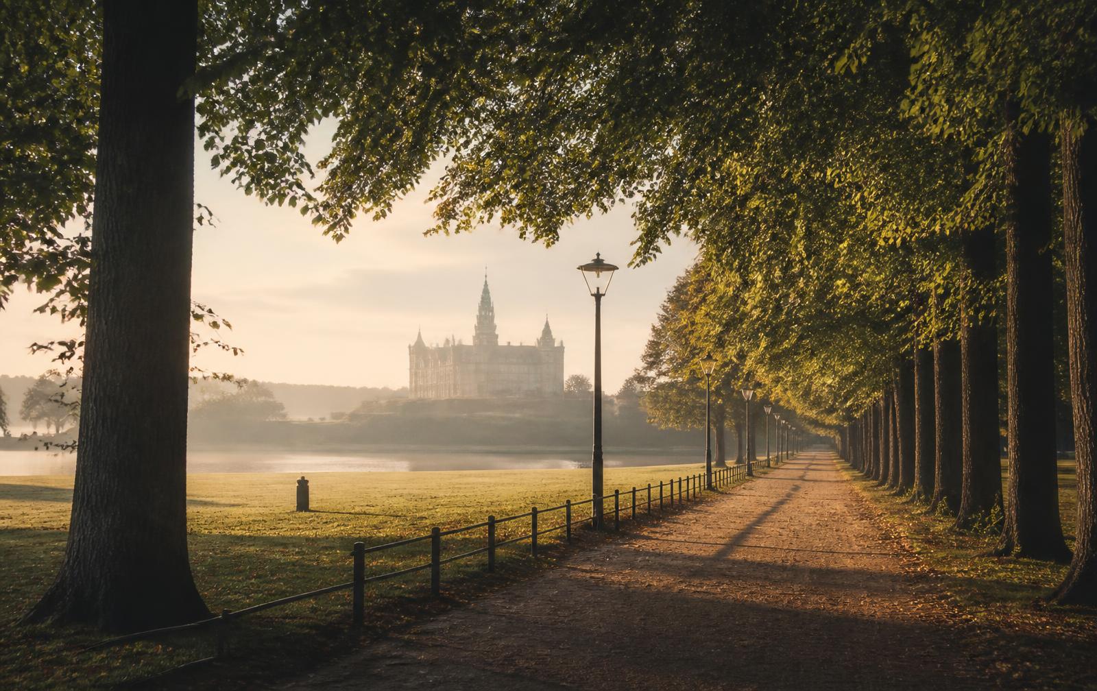 Tree-lined park avenue in Kalmar with a castle in the distance