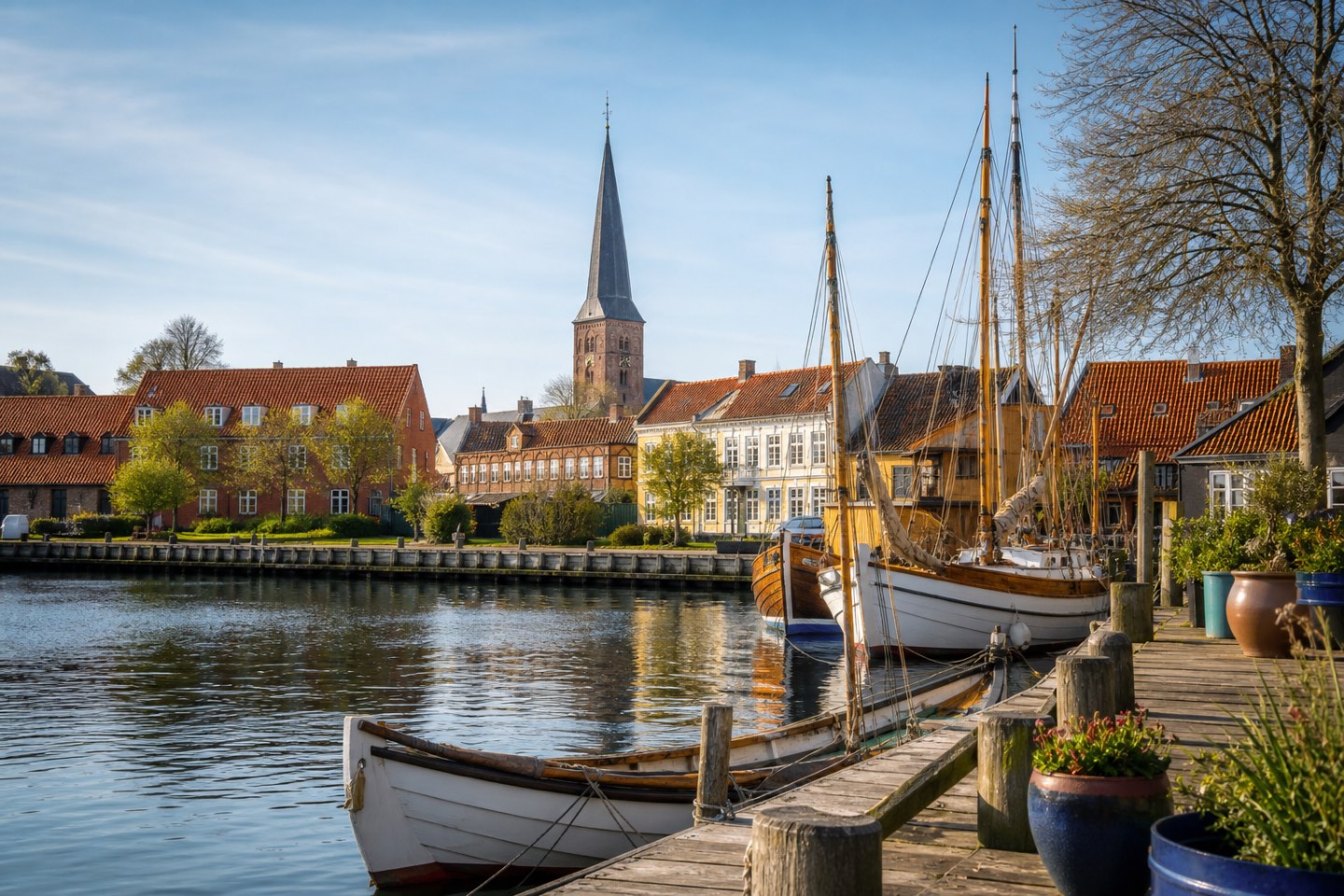 Traditional wooden boats in Middelfart's Old Harbour with the church spire above the red-roofed town